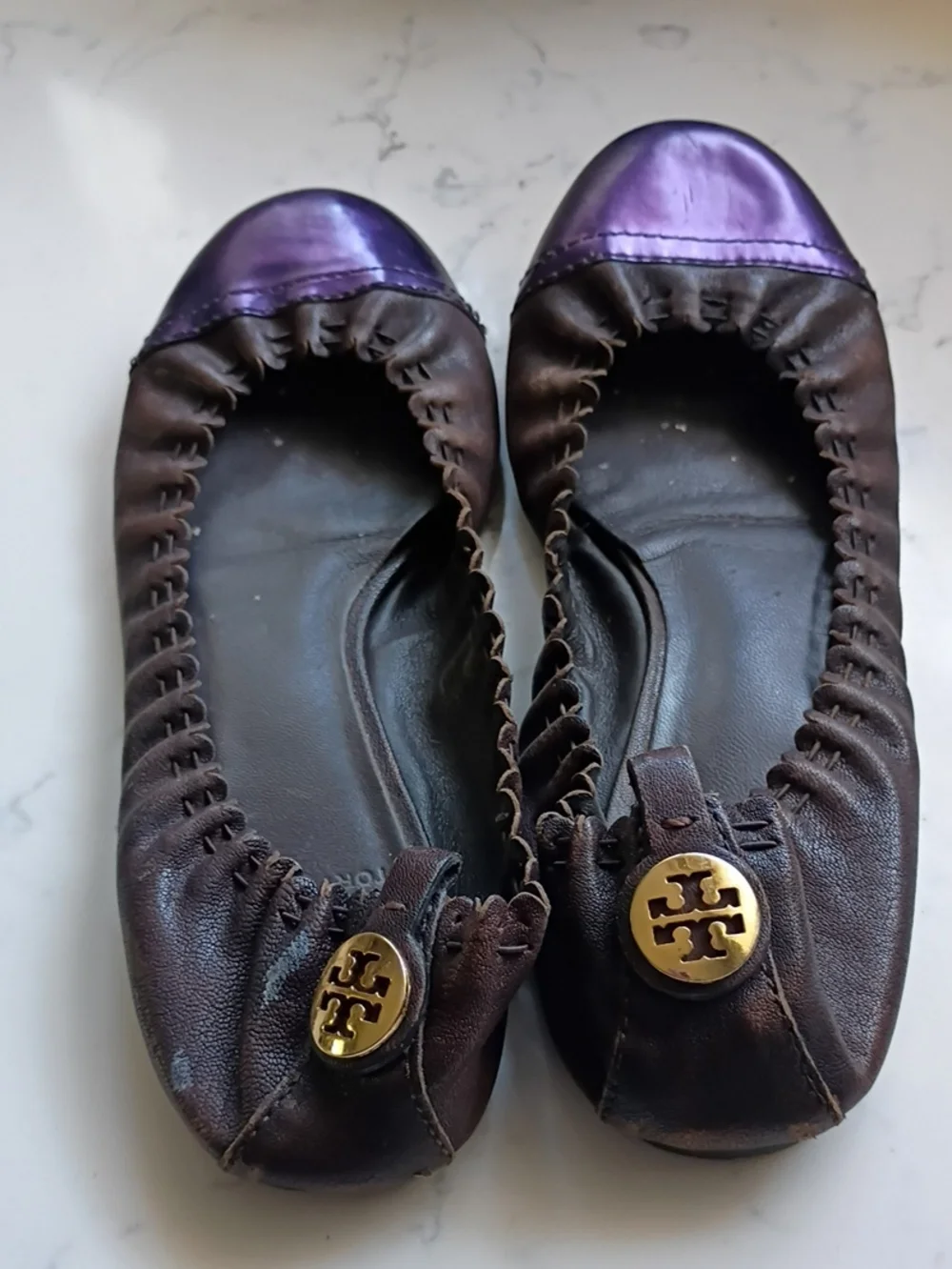 Tory Burch Brown Leather Ballet Flats with Metallic Purple Toe